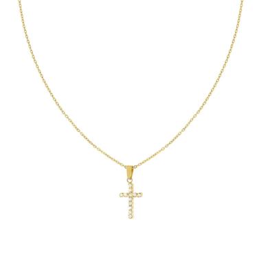 Collana Catena Forzatina Diamantata con Croce e Crystal Bianchi in ACCIAIO colore Oro