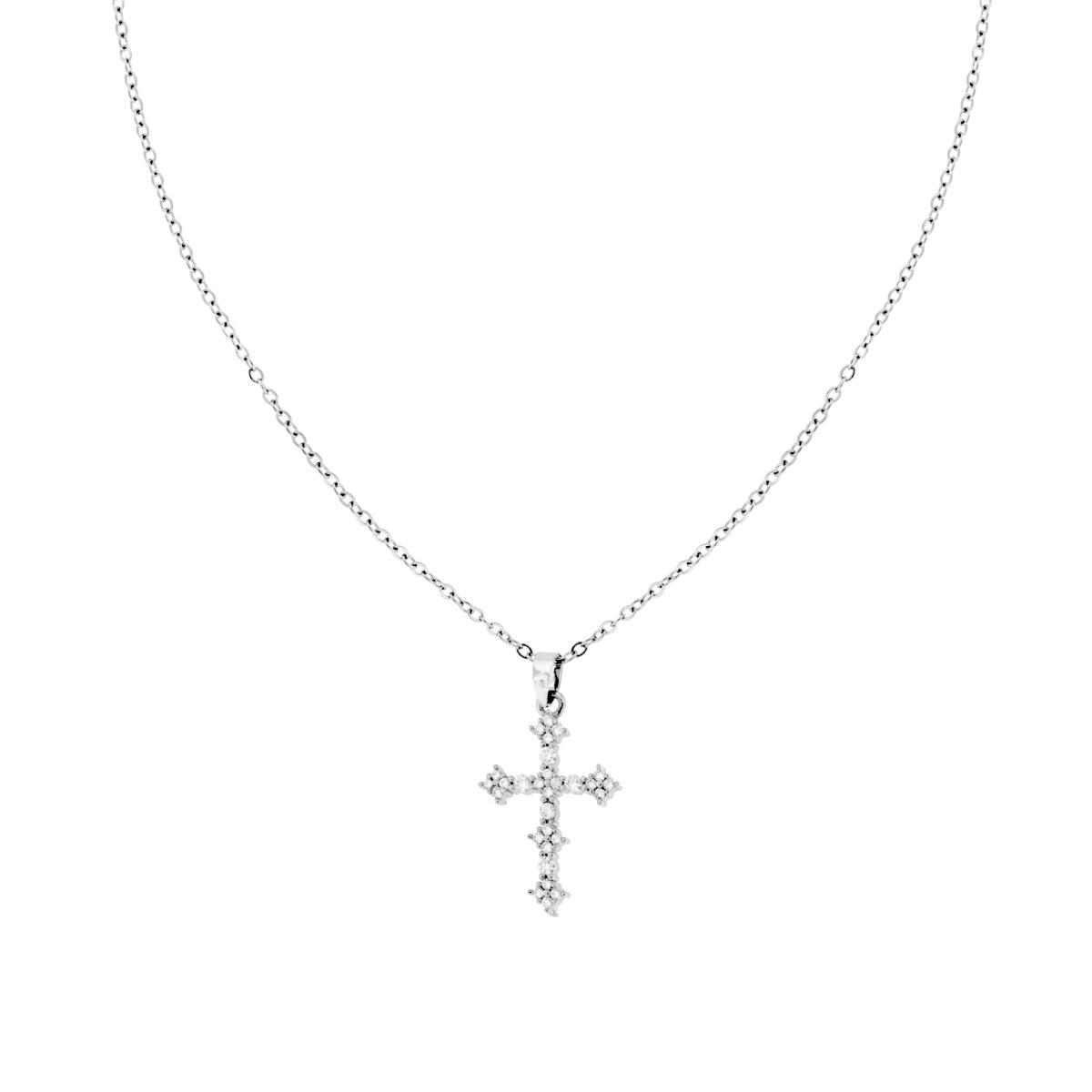Collana Catena Forzatina Diamantata con Croce e Crystal Bianchi in ACCIAIO