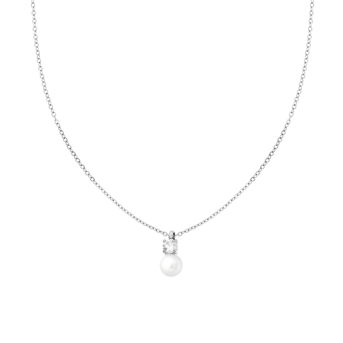 Collana Catena Forzatina Diamantata con Perla e Punto Luce Crystal Bianco in ACCIAIO