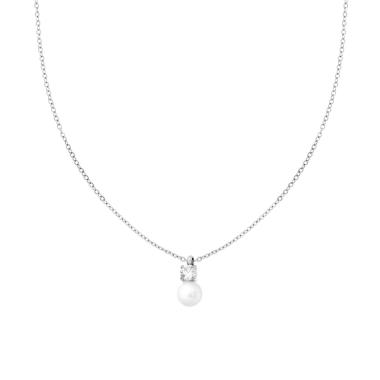 Collana Catena Forzatina Diamantata con Perla e Punto Luce Crystal Bianco in ACCIAIO