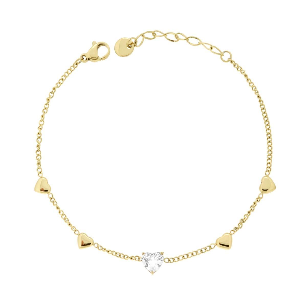 Bracciale Catena Forzatina Diamantata con Cuori e Crystal Bianchi in ACCIAIO colore Oro
