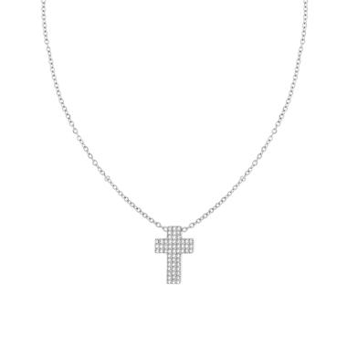 Collana Catena Forzatina Diamantata con Croce e Crystal Bianchi in ACCIAIO