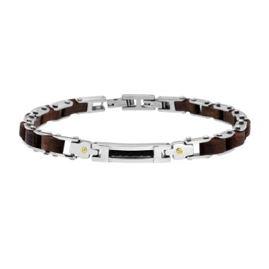 Bracciale Uomo Maglia Imperniata in Legno e Targa in ACCIAIO