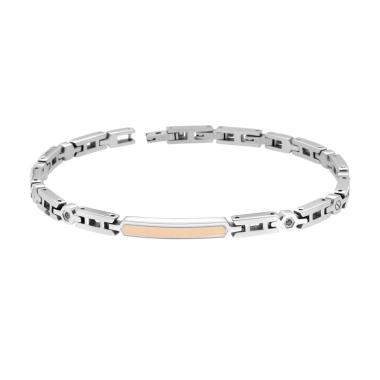 Bracciale Uomo Maglia Imperniata con Targa Rosa e Crystal Neri in ACCIAIO