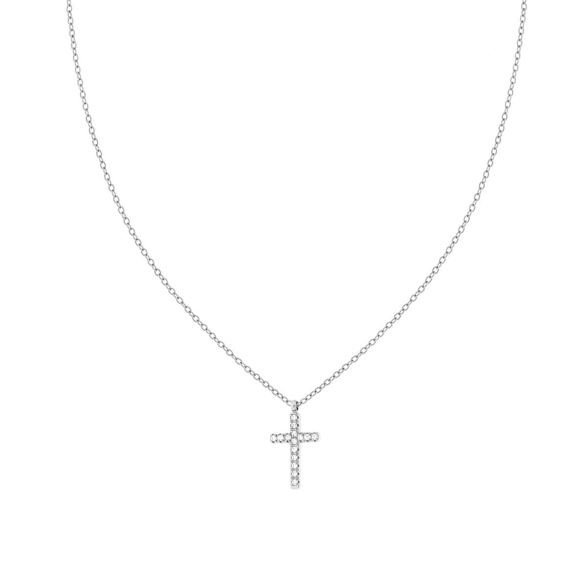 Collana Catena Forzatina Diamantata con Croce e Crystal Bianchi in ACCIAIO