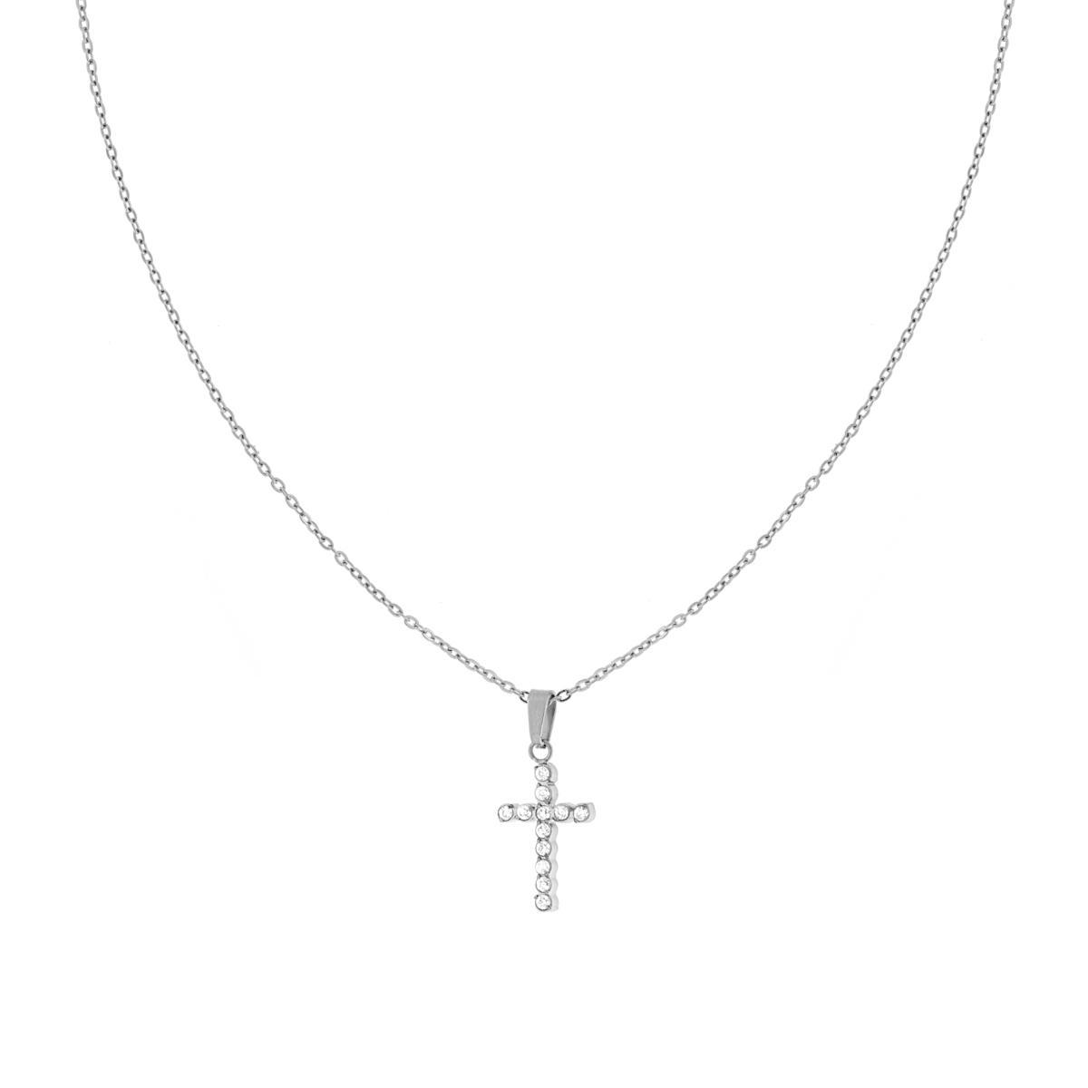 Collana Catena Forzatina Diamantata con Croce e Crystal Bianchi in ACCIAIO