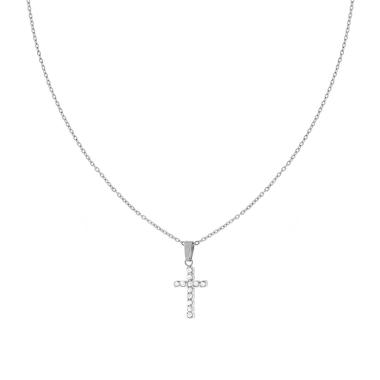 Collana Catena Forzatina Diamantata con Croce e Crystal Bianchi in ACCIAIO