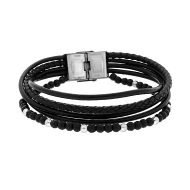 Bracciale Uomo Multifilo in Ecopelle Nero con Palline Nere Diamantate in ACCIAIO