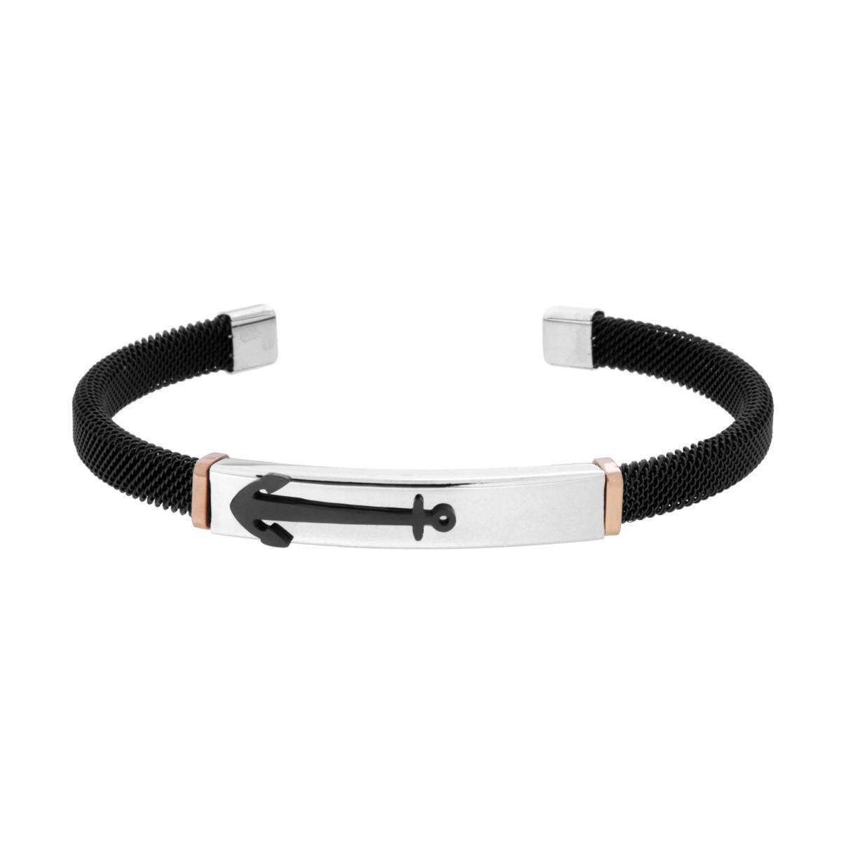 Bracciale Uomo Semirigido con Rete Metallica Nera e Targa con Ancora Nera in ACCIAIO