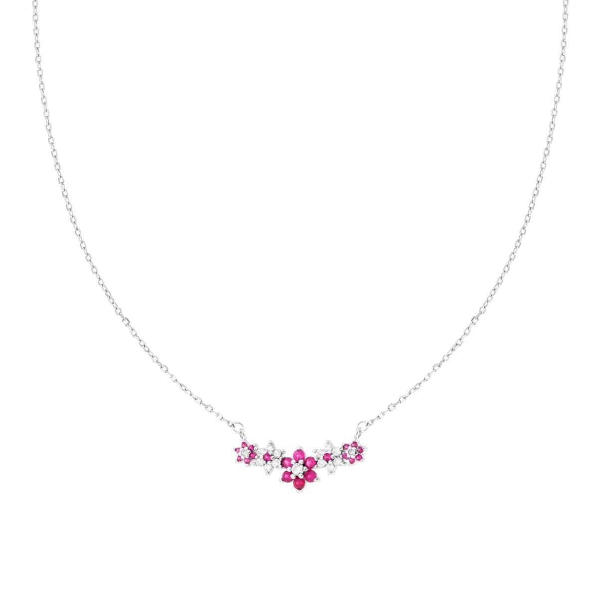 Collana Catena Forzatina Diamantata con Centrale Fiori e Cubic Zirconia Rosso Rubino e Bianchi in ARGENTO 925 Galvanica Rodio