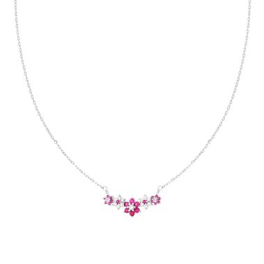 Collana Catena Forzatina Diamantata con Centrale Fiori e Cubic Zirconia Rosso Rubino e Bianchi in ARGENTO 925 Galvanica Rodio