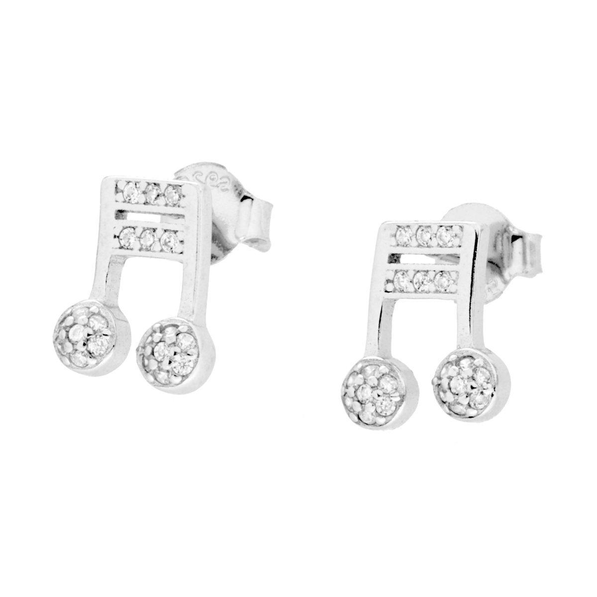 Orecchini Nota Musicale con Cubic Zirconia Bianchi in ARGENTO 925 Galvanica Rodio