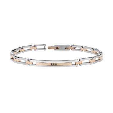 Bracciale Uomo Maglia Imperniata con Targa dettagli colore Rosa e Crystal Neri in ACCIAIO