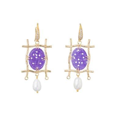 Orecchini a monachella di bronzo con strass e componente di giada burma con perle di fiume 27x60mm Viola
