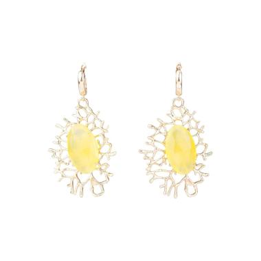 Orecchini a monachella di bronzo con pendente a rametti con cabochon 35x63mm giallo