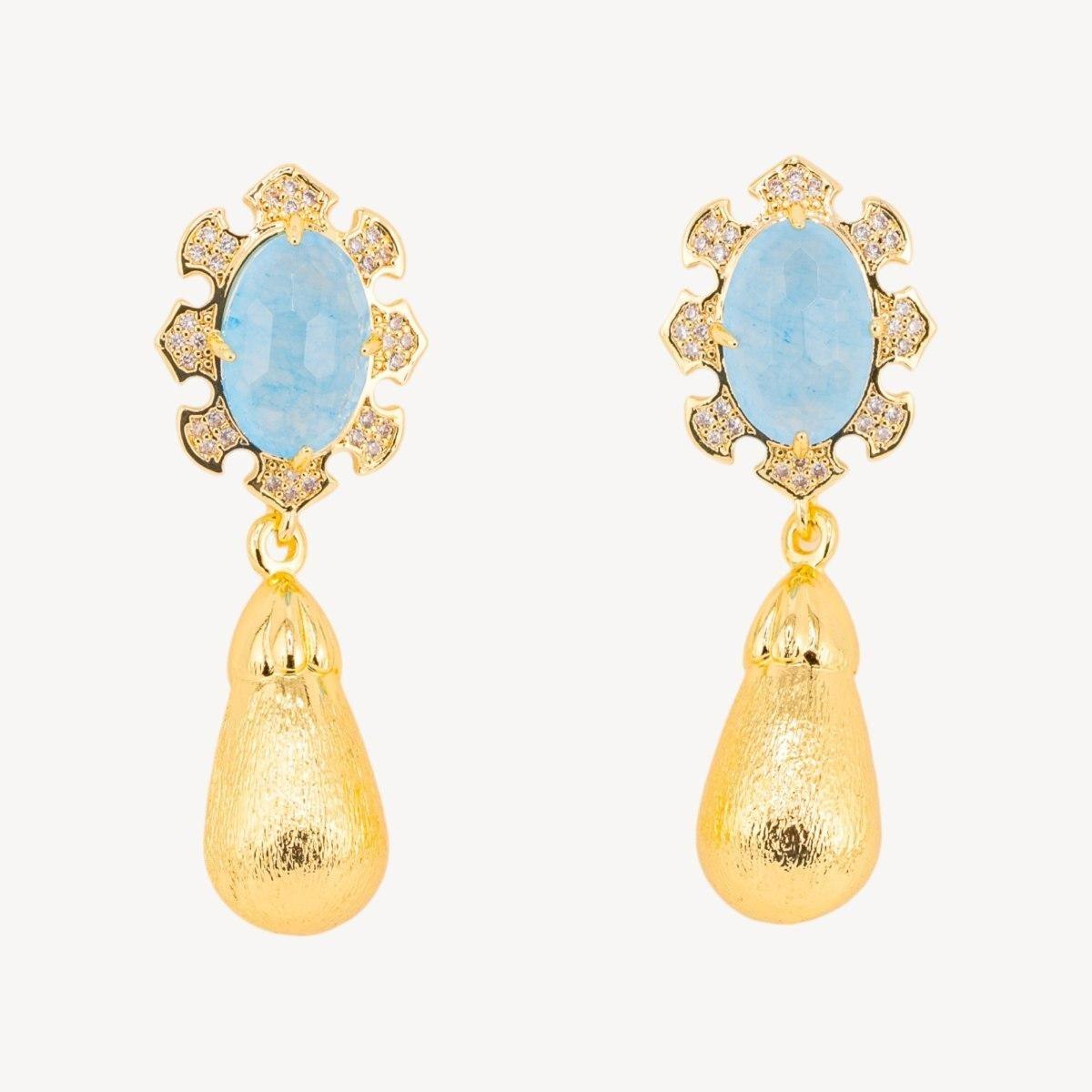 Orecchini bijoux in bronzo con pietre dure incastonate e gocce dorate giada celeste