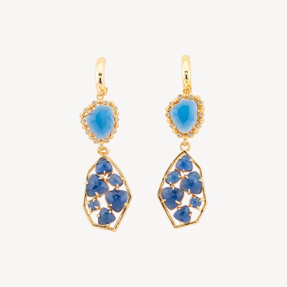 Orecchini a monachella chiusa di bronzo con cristalli cz e occhio di gatto 17x65mm blu