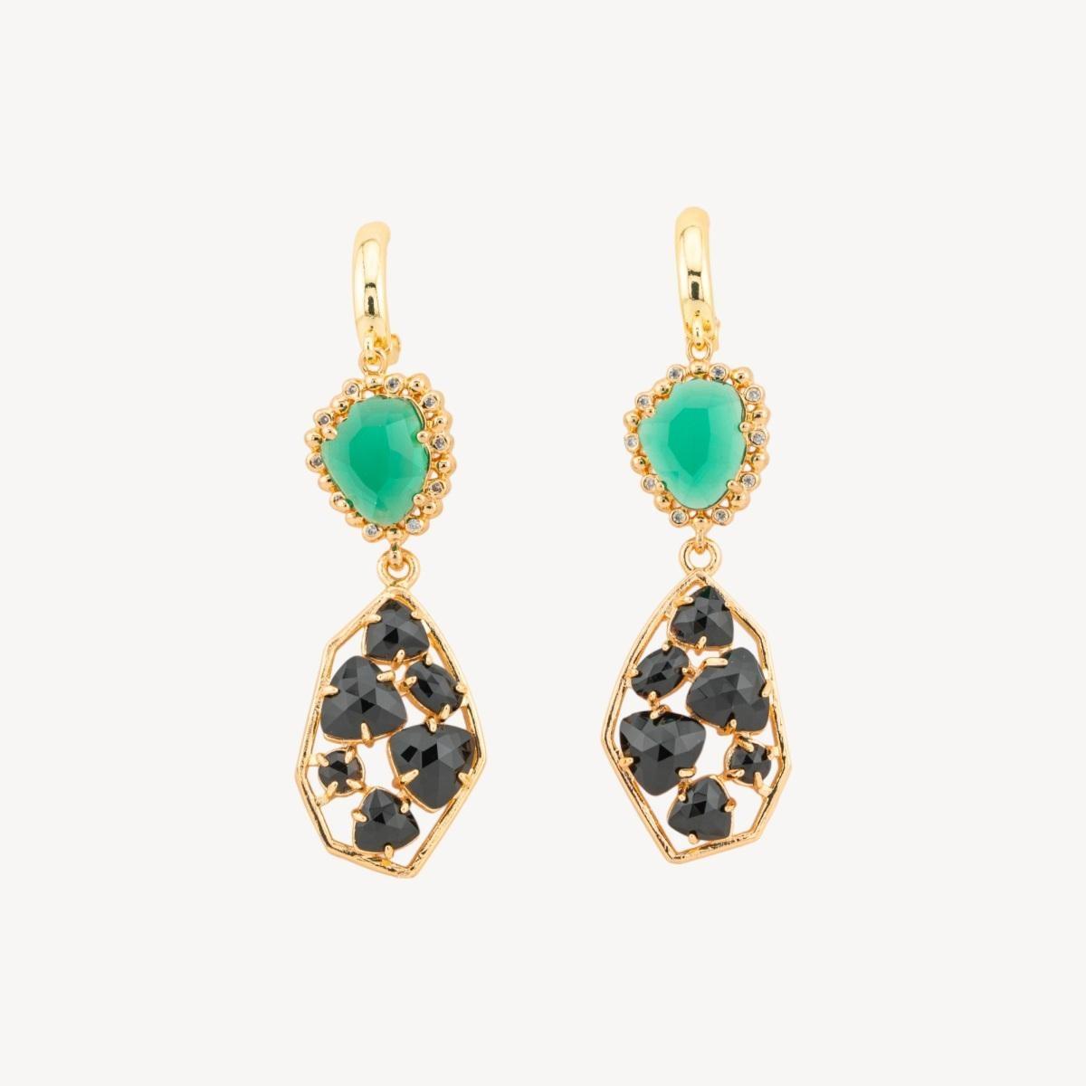 Orecchini a monachella chiusa di bronzo con cristalli cz e occhio di gatto 17x65mm verde nero