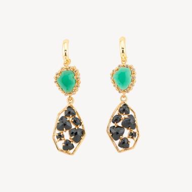 Orecchini a monachella chiusa di bronzo con cristalli cz e occhio di gatto 17x65mm verde nero