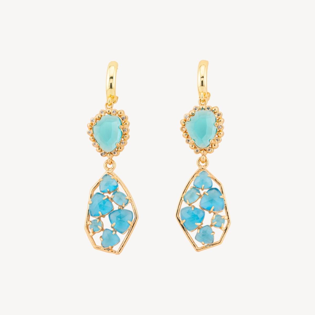 Orecchini a monachella chiusa di bronzo con cristalli cz e occhio di gatto 17x65mm celeste