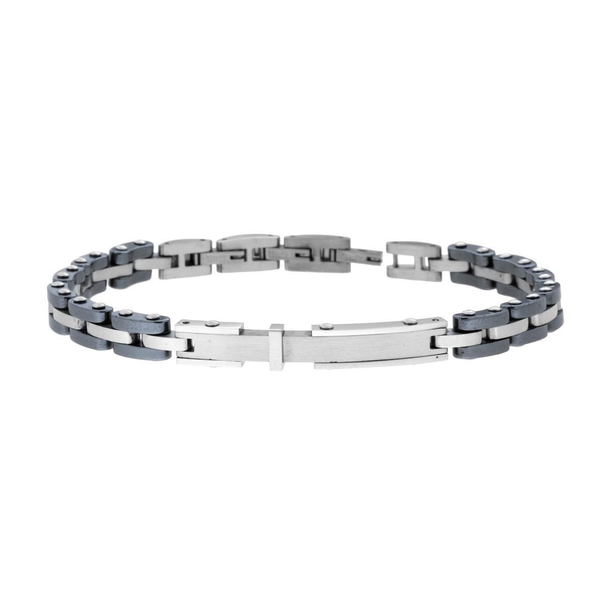 Bracciale Uomo Maglia Imperniata con Ceramica Antracite e Targa in ACCIAIO