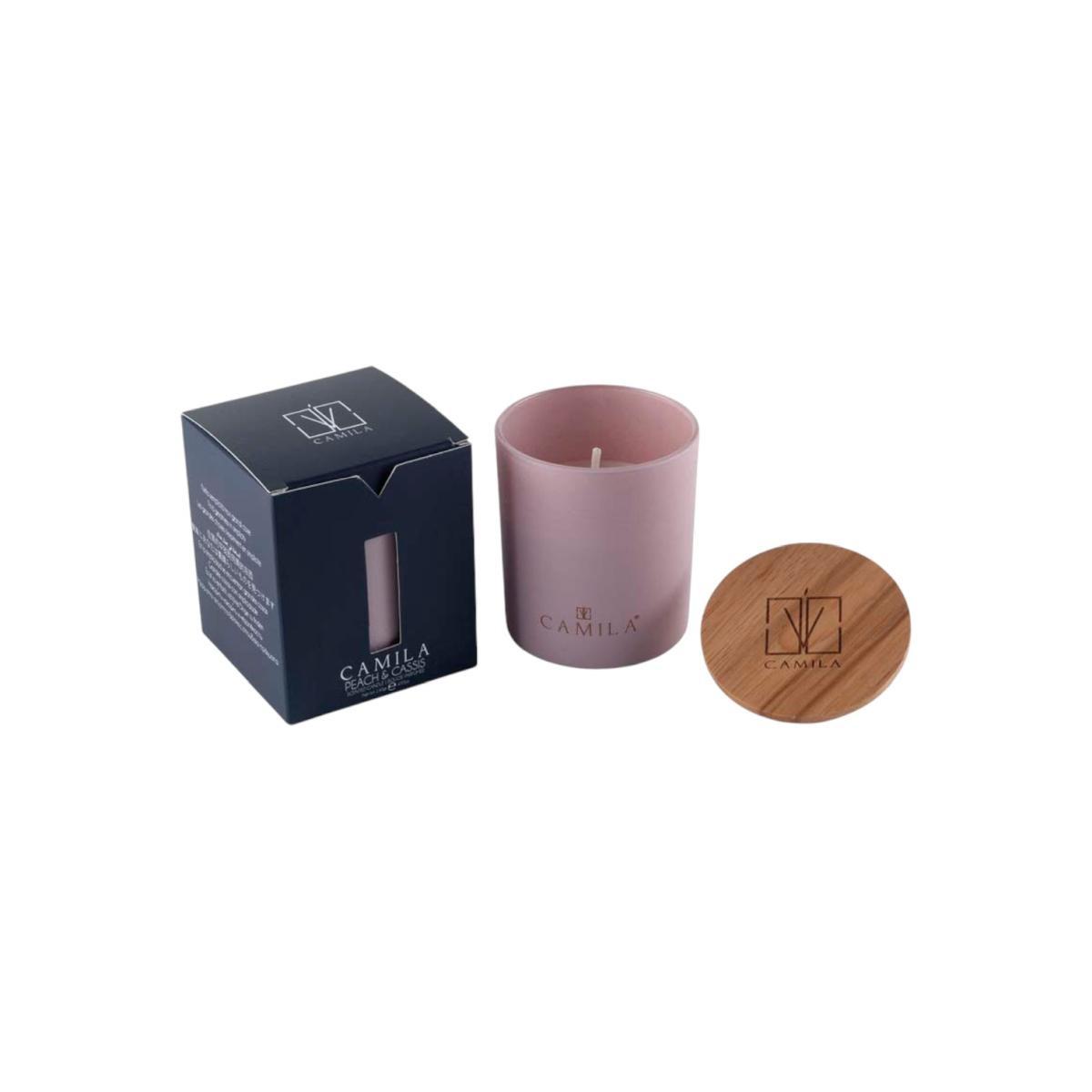 Candela profumata Wood 140 gr. cipria chiaro pesca e cassis 7,5 x h.8 cm Camila