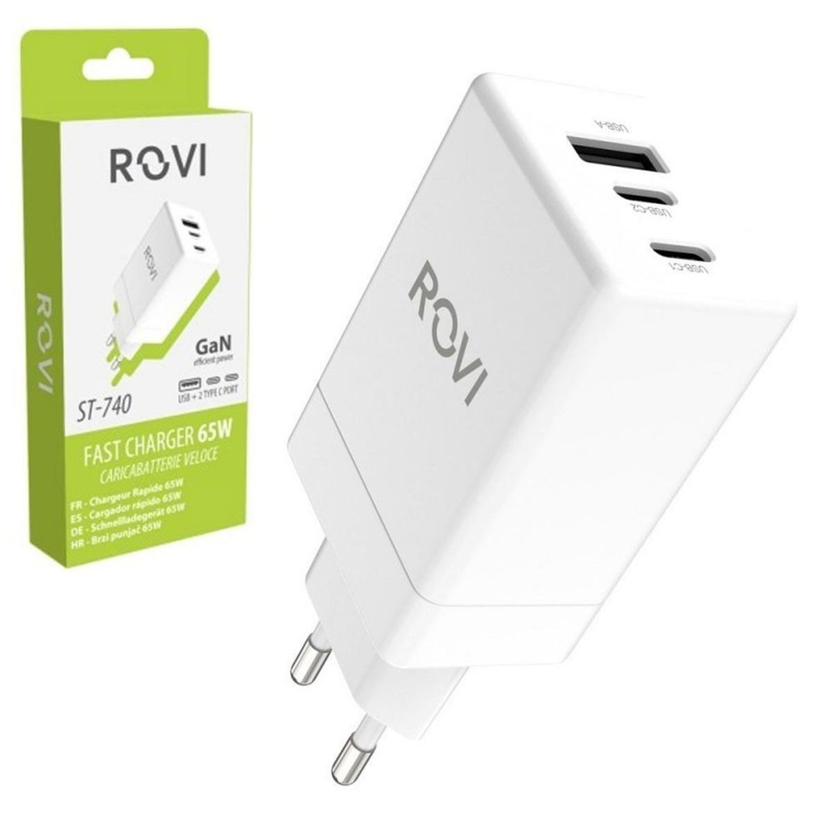 Caricatore da muro rapido ST740 GaN 2 porte USB-C e 1 USB 65W Rovi