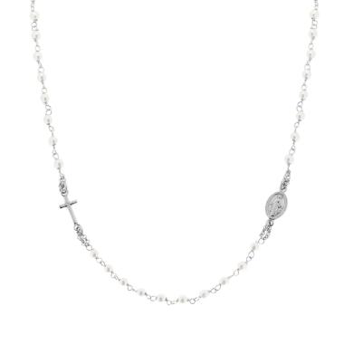 Collana Rosario cm 50 con Grani Perla mm 3 con Croce in ARGENTO 925 Galvanica Rodio