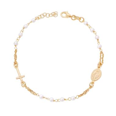Bracciale Rosario cm 18 + 2 con Grani Perla mm 3 con Croce e Medaglia Madonna in ARGENTO 925 Galvanica Oro