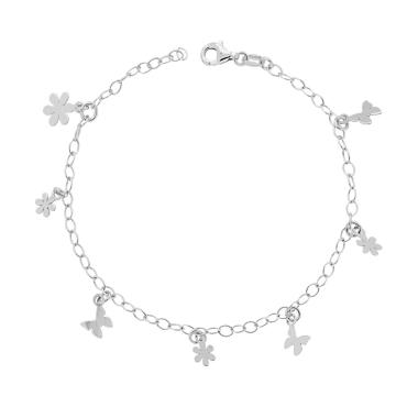 Bracciale Catena Forzatina con Fiori e Farfalle plain pendenti in ARGENTO 925 Galvanica Rodio