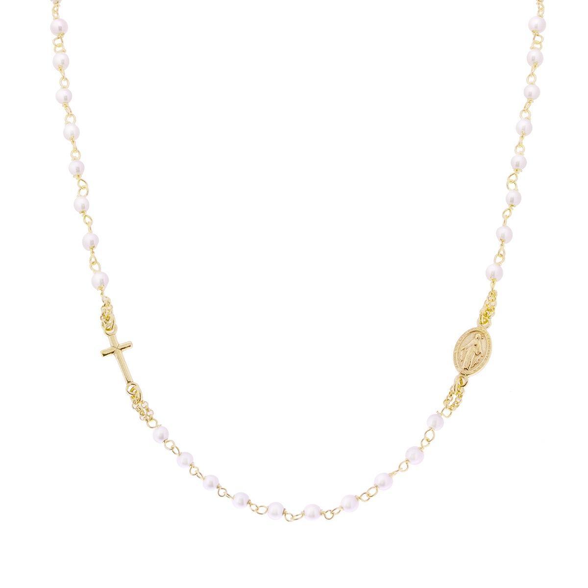Collana Rosario cm 50 con Grani Perla mm 3 con Croce in ARGENTO 925 Galvanica Oro