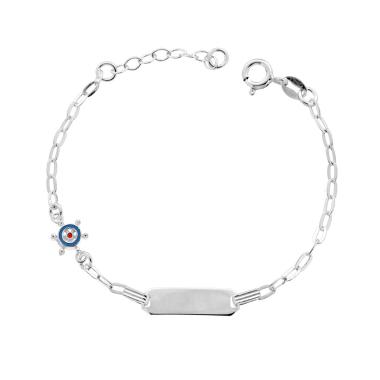 Bracciale Targa Bimbo Bimba Catena Forzatina Diamantata e Timone con smalto Azzurro in ARGENTO 925 Galvanica Rodio