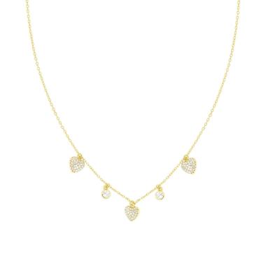 Collana Catena Forzatina Diamantata con Cuori e Cubic Zirconia Bianchi in ARGENTO 925 Galvanica Oro<BR>