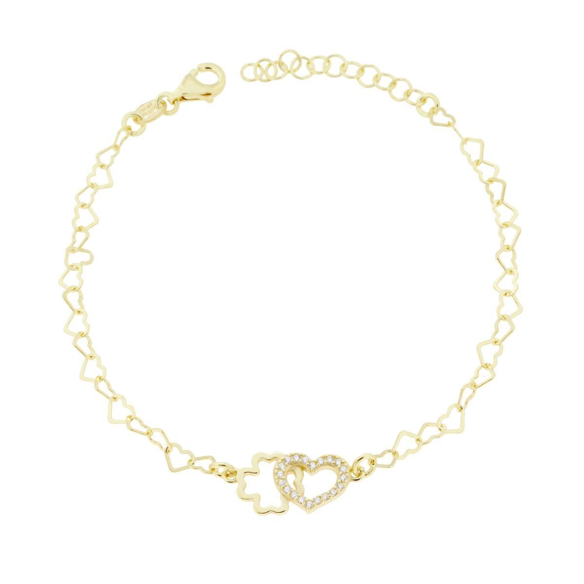 Bracciale Catena Cuori con Quadrifoglio e Cubic Zirconia Bianchi in ARGENTO 925 Galvanica Oro