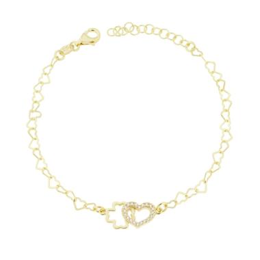 Bracciale Catena Cuori con Quadrifoglio e Cubic Zirconia Bianchi in ARGENTO 925 Galvanica Oro