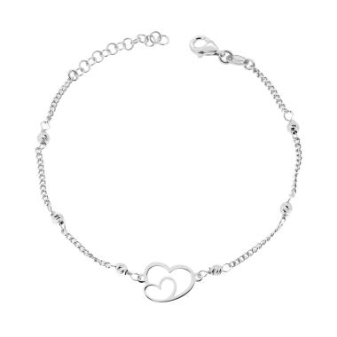 Bracciale Catena Grumetta con Palline Slash e Cuori in ARGENTO 925 Galvanica Rodio<BR>
