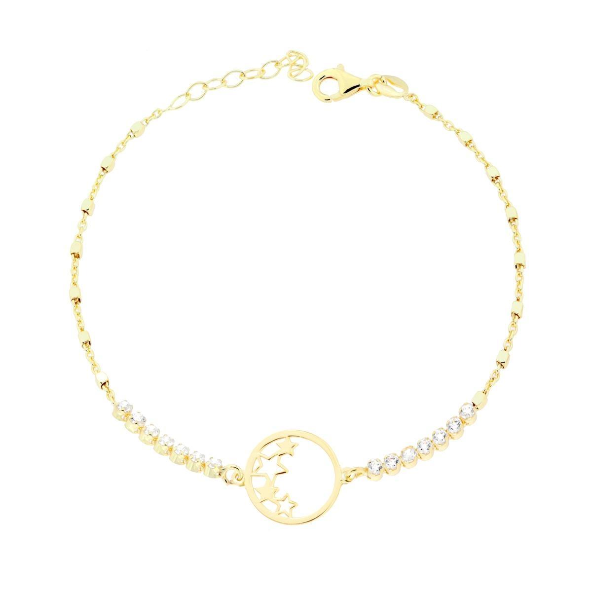 Bracciale Catena Forzatina con Cubetti Tennis Cubic Zirconia Bianchi e Stelle in ARGENTO 925 Galvanica Oro