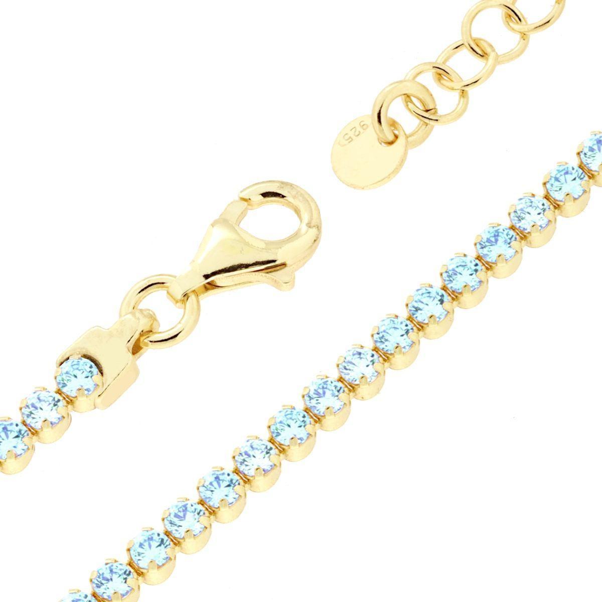 Bracciale Tennis Griffe cm 16+3 con Cubic Zirconia mm 2 Acquamarina in ARGENTO 925 Galvanica Oro<BR>