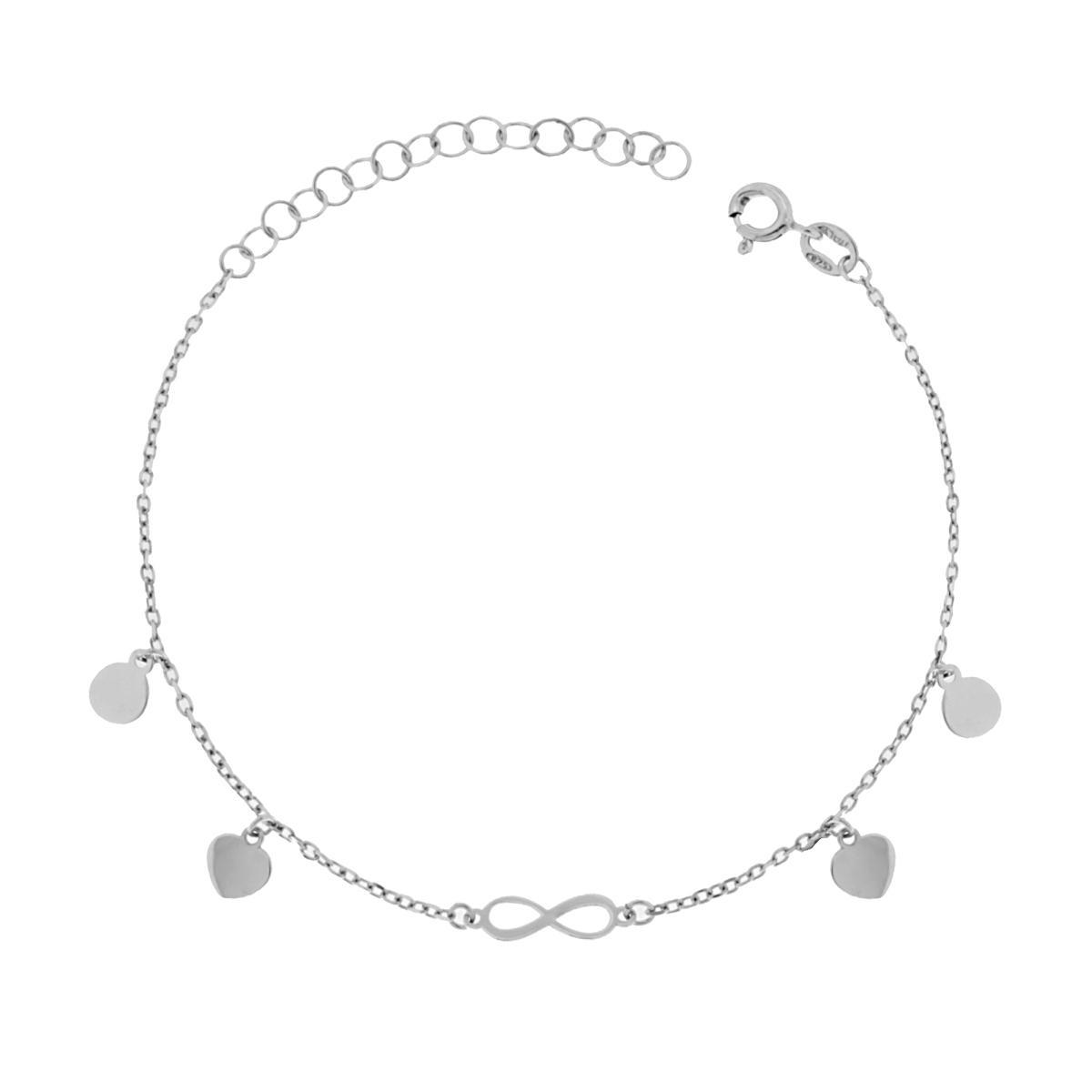 Bracciale Catena Forzatina con Cuori Tondi e Infinito Plain in ARGENTO 925 Galvanica Rodio