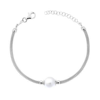 Bracciale Catena Calza con Perla mm 10 in ARGENTO 925 Galvanica Rodio
