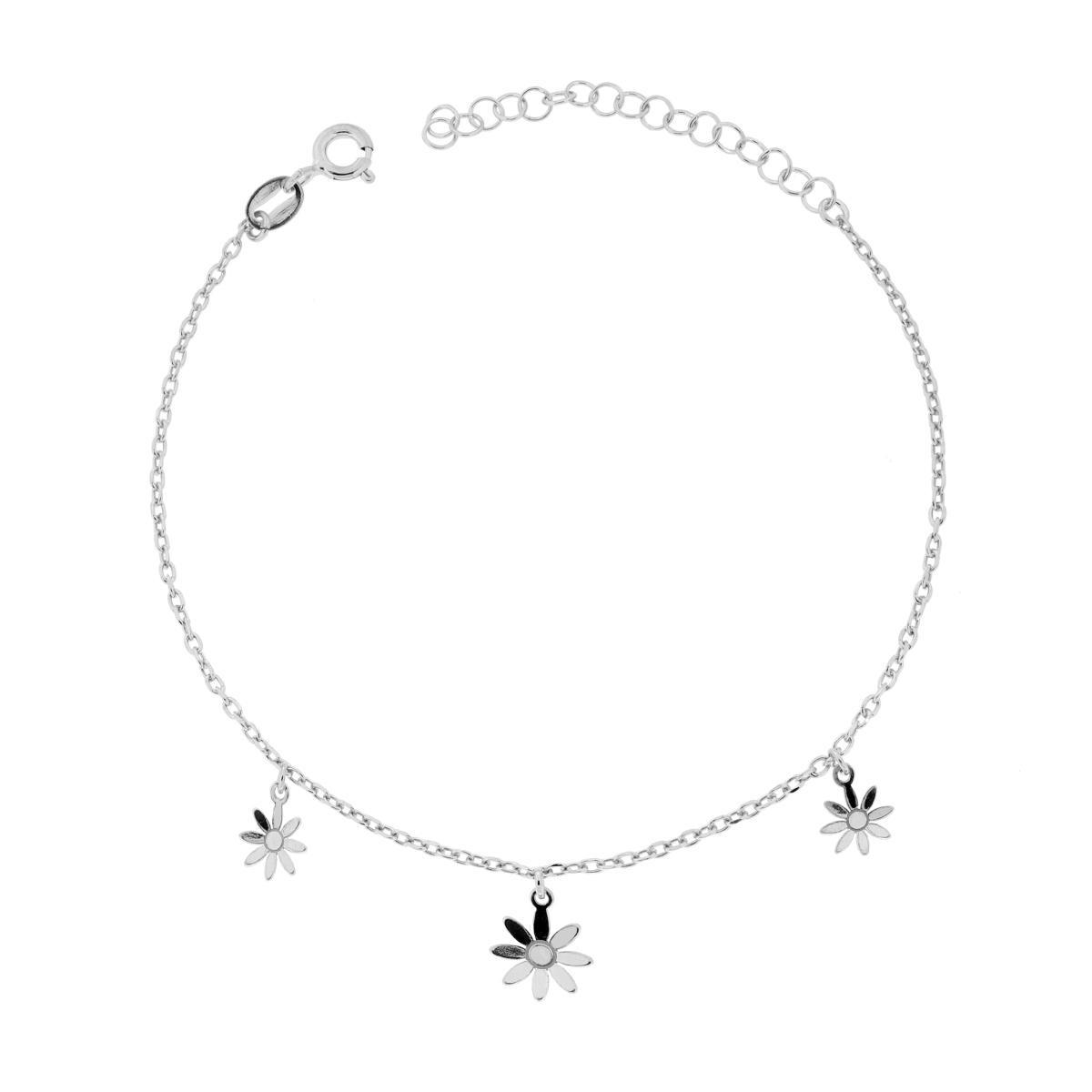 Bracciale Catena Forzatina Diamantata con Fiori pendenti in ARGENTO 925 Galvanica Rodio<BR>