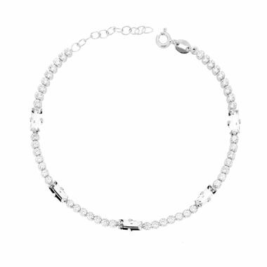 Bracciale Tennis Griffe cm 17+3 con Cubic Zirconia mm 2.5 Bianchi Taglio Tondo e Baguette in ARGENTO 925 Galvanica Rodio<BR>