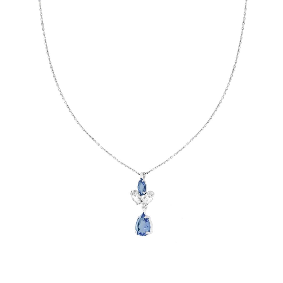 Collana Catena Forzatina Diamantata con Punto Luce pendente Marquise e Goccia Cubic Zirconia Bianco e Blu Zaffiro in ARGENTO 925 Galvanica Rodio<BR>