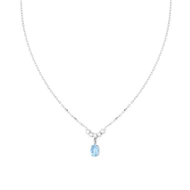 Collana Catena Forzatina Diamantata con Diadema Bianco e Pendente Ovale Acquamarina in ARGENTO 925 Galvanica Rodio