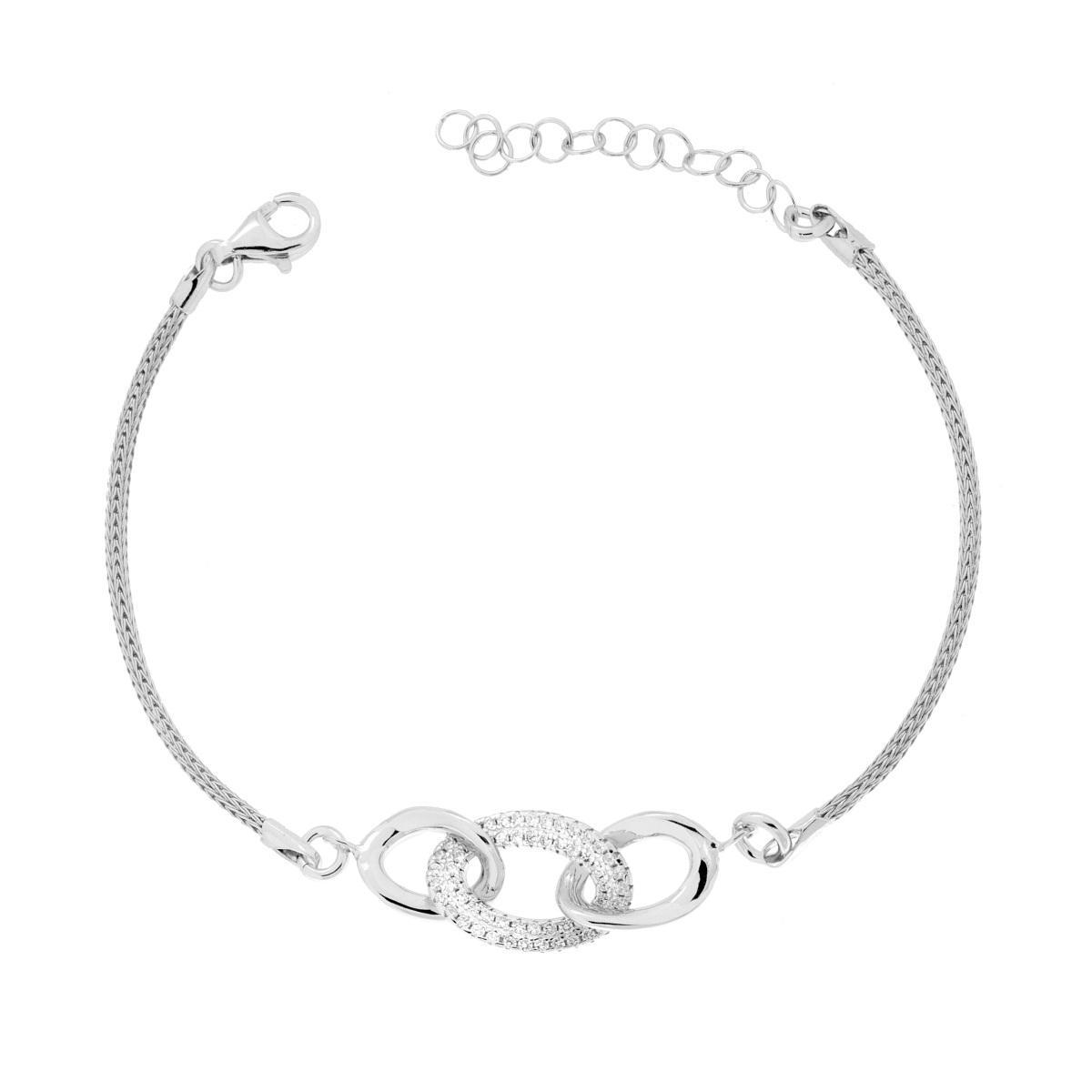 Bracciale Catena Calza con Accessori Ovali e Cubic Zirconia Bianchi in ARGENTO 925 Galvanica Rodio<BR>