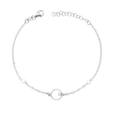 Bracciale Catena Forzatina Diamantata con Perle e Cerchio con Punto Luce Cubic Zirconia Bianco in ARGENTO 925 Galvanica Rodio<BR>