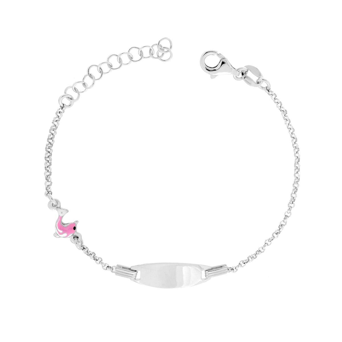 Bracciale Targa Bimbo Bimba con Catena Rolo e Delfino Smalto Rosa e Bianco in ARGENTO 925 Galvanica Rodio<BR>