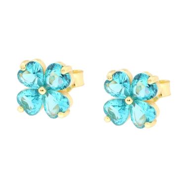Orecchini Quadrifoglio con Cubic Zirconia Acquamarina Verde in ARGENTO 925 Galvanica Oro