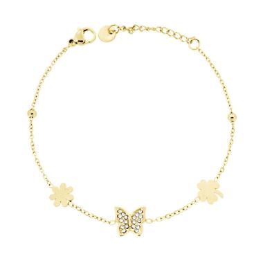 Bracciale Catena Forzatina Diamantata con Farfalla Quadrifoglio Fiore e Crystal Bianchi in ACCIAIO colore Oro