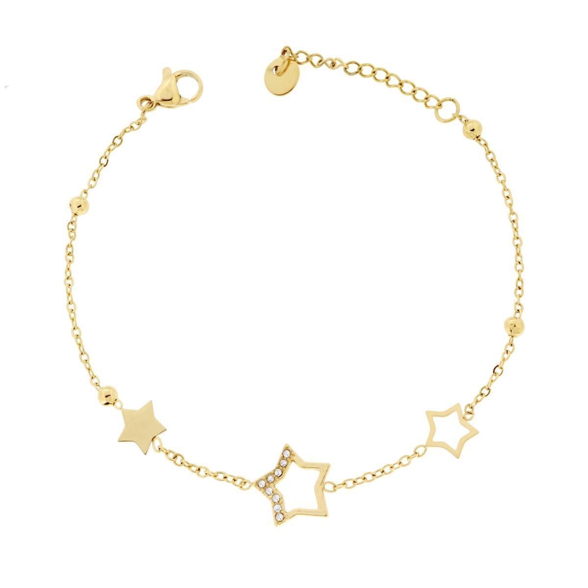 Bracciale Catena Forzatina Diamantata con Stelle e Crystal Bianchi in ACCIAIO<BR>